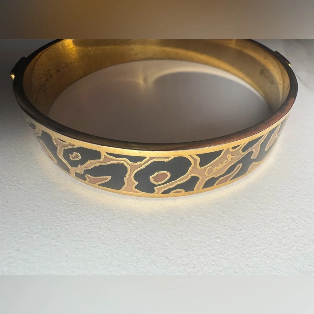 Coach Gold-Toned and Black Leopard Enamel Bangle Bracelet
